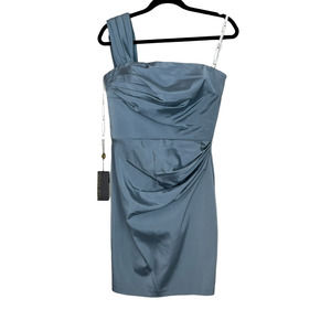 Tadashi Shoji Pleated Ruched One Shoulder Cocktail Dress Knee Length Blue NWT